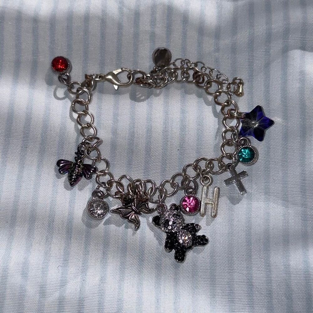 Silver-Tone Charm Bracelet with Assorted Rhinestone Charms including Panda